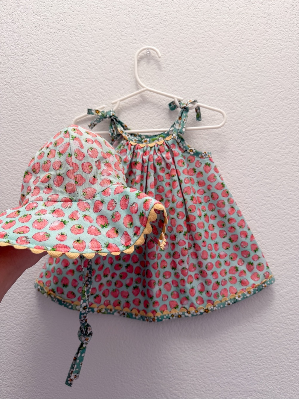 Strawberry Print Baby Sun Hat & Dress Set - Mint Pink